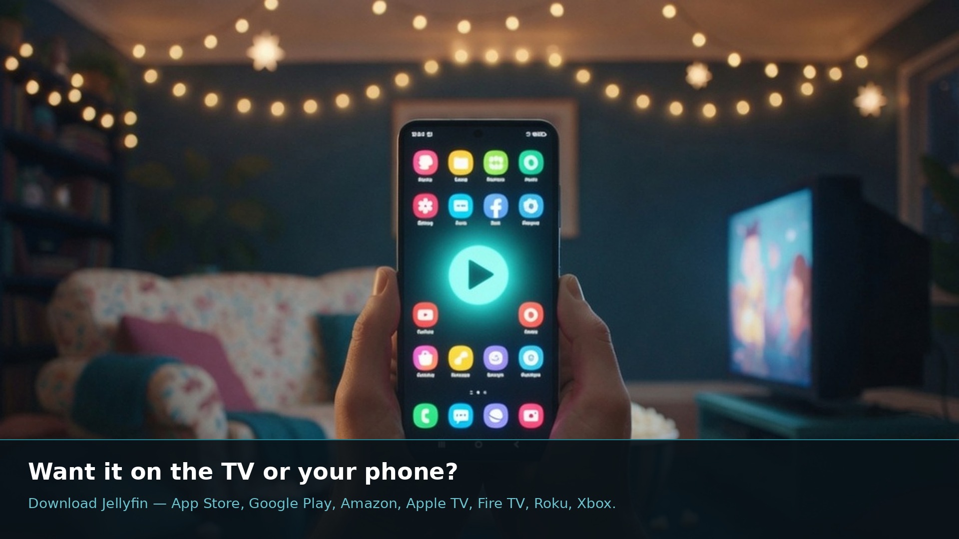 Phone in the living room — download the Jellyfin app